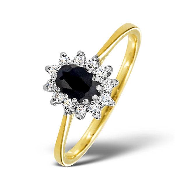 Sapphire 6 x 4mm And Diamond 9K Gold Ring.